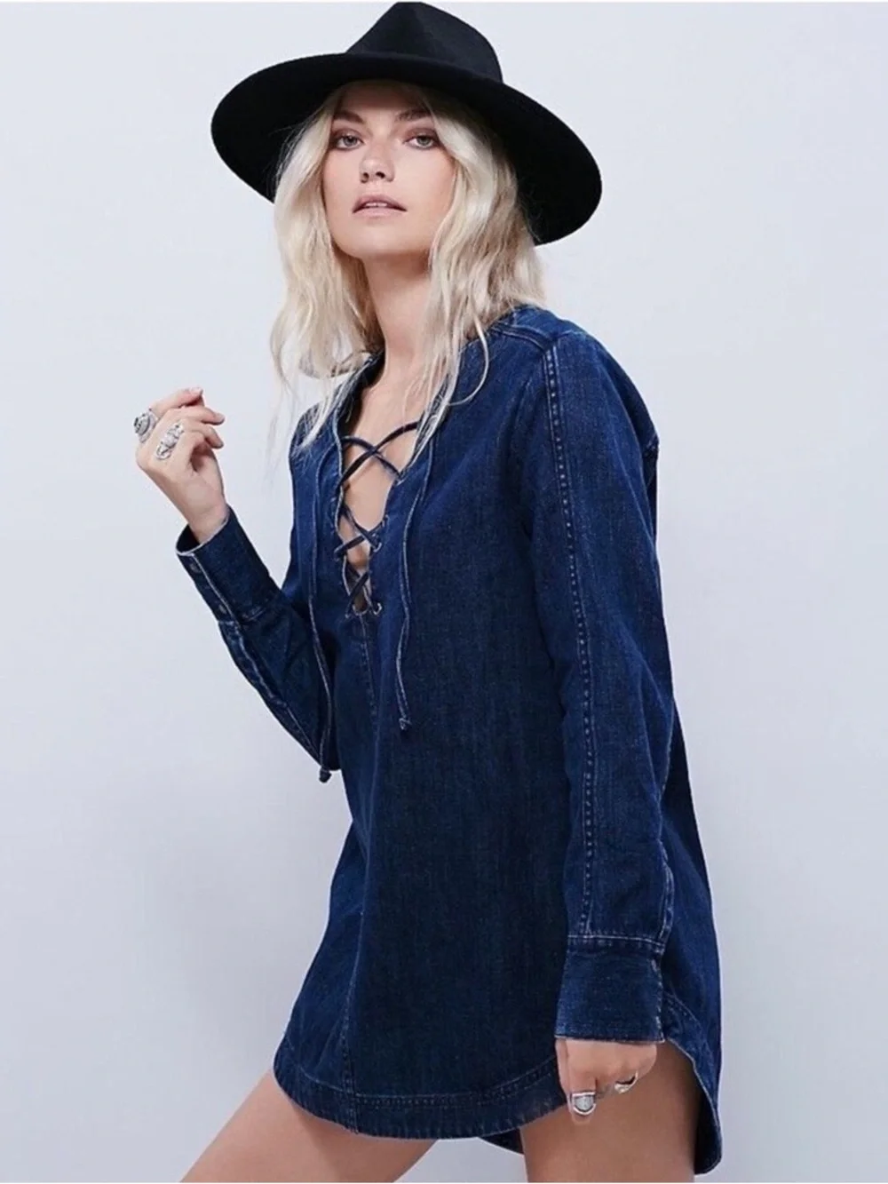 Free People Neapolitan Dreams Denim Lace-Up Tunic Top